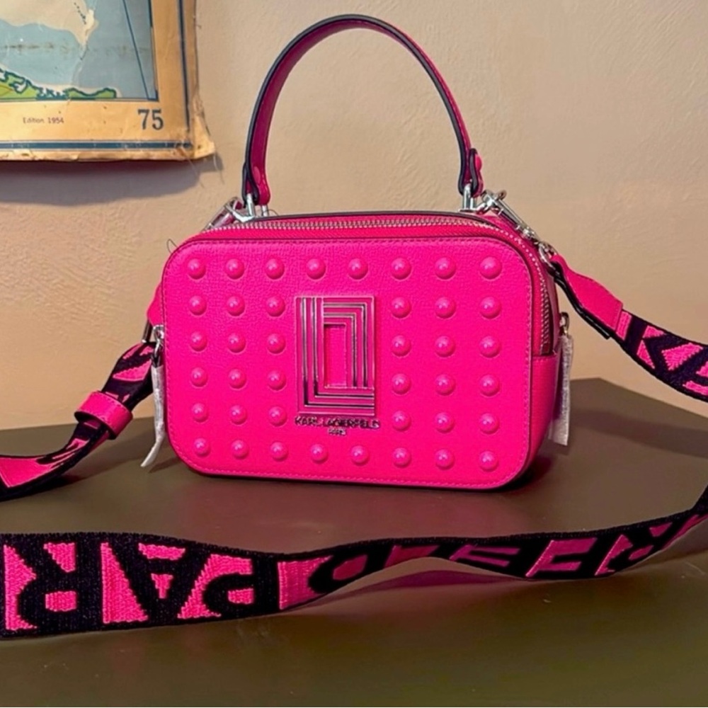 NWT Hot Pink Studded Crossbody Box Bag with Logo Strap